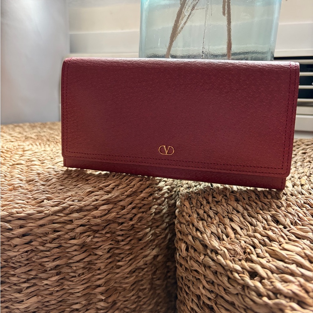 Valentino Garavani Burgundy Leather Continental Wallet with Gold Logo